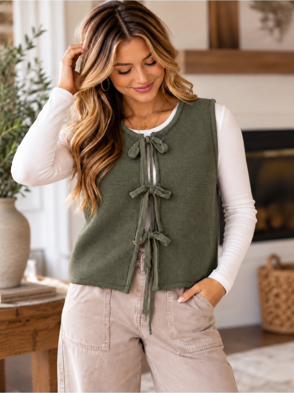 Zenana Tie-Front Sweater Vest – Olive Green 🫒